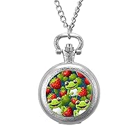 Frogs and Strawberries Vintage Alloy Pocket Watch with Chain Arabic Numerals Scale Gifts for Men Women
