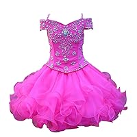 Ball Gown Cupcake Toddler Girl Pageant Prom Formal Dress Off Shoulder with Sleeves Ruffles Crystal Hot Pink 8