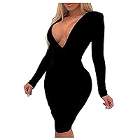 Women Sexy Dress for Party Fashion V-Neck Solid Color Long Sleeve Hip High Waist Sexss Dress