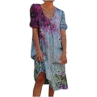 Women's Casual Loose-Fitting Summer V-Neck Trendy Glamorous Dress Beach Print Flowy Short Sleeve Knee Length Swing Blue