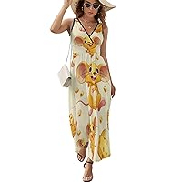 Yellow Mouse in Cheese Women's Dress V Neck Sleeveless Dress Summer Casual Sundress Loose Maxi Dresses for Beach
