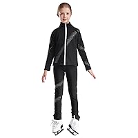 Girls Boys Solid Color Skating Clothes Suit Long Sleeve Rhinestone Zipper Front Jacket Coat and Pants Set Tracksuit
