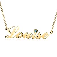 LONAGO Personalized 10K/14K/18K/24K Solid Gold Name Necklace with Simulated Birthstone Custom Made Any Nameplate Pendant Jewelry for Women