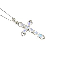 Natural 6X4 MM Oval Cut Rainbow Moonstone Holy Cross Pendant Necklace 925 Sterling Silver June Birthstone Moonstone Jewelry Wedding Necklace Gift For Her (PD-8499)