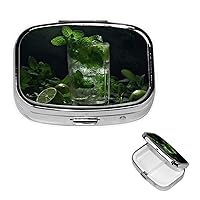 Mint Garnished Wine Glass Pill Box Small Metal Pill Case for Purse & Pocket 2 Compartment Pill Organizer with Mirror Travel Pillbox Medicine Case Portable Pill Container Unique Gift