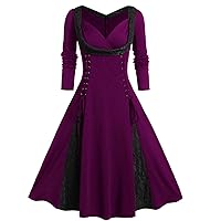 Women's Lace Stitching Dress Button Long-Sleeved/Sleeveless Sundress Pleated Waist Retro Dresses