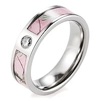 Women's 6mm Titanium Pink Branches Camo Ring with CZ Stone Inlay
