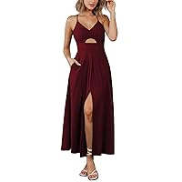 Zenlonr Women's Summer Spaghetti Strap Dresses 2024 Casual Sleeveless V Neck Cutout High Split Beach Maxi Dress with Pockets
