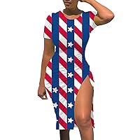 Summer Casual Dresses for Women 2024 Vacation,Independence Day Women Flag Patterns Casual Drawstring Slit Slim
