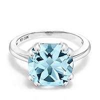 Gem Stone King 925 Sterling Silver Sky Blue Topaz Engagement Ring | Double Prong Ring for Women | 4.25 Cttw | Cushion Cut 10MM | Gemstone Birthstone | Available in size 5, 6, 7, 8, 9