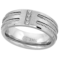 Stainless Steel 8mm CZ Wedding Band Ring Double Cable Inlay Beveled Edges Matte Comfort fit, sizes 8-14