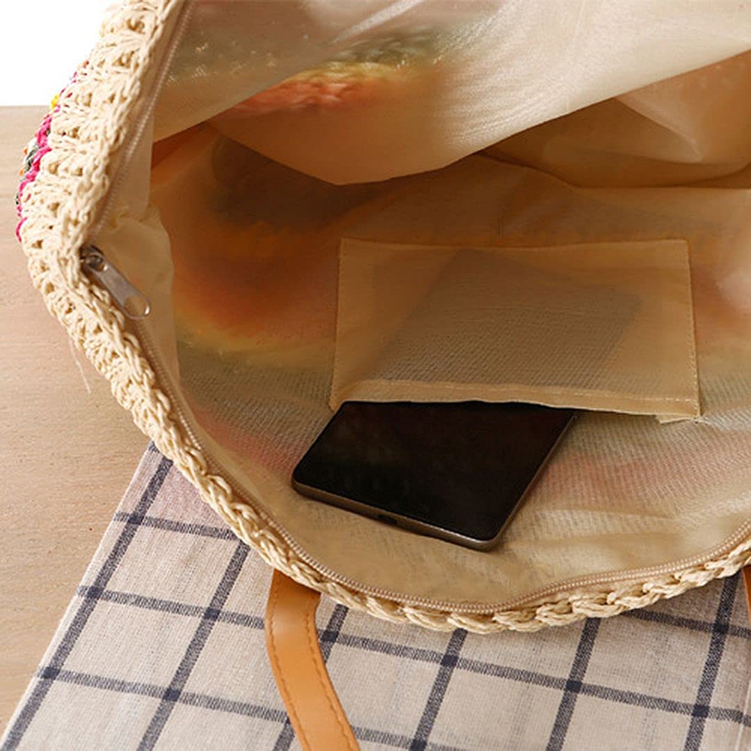 QZUnique Straw Rainbow Handbags Women’s Cotton Crochet Hand-Woven Tote Bag Top Handle Casual Shoulder Messenger Portable Bag