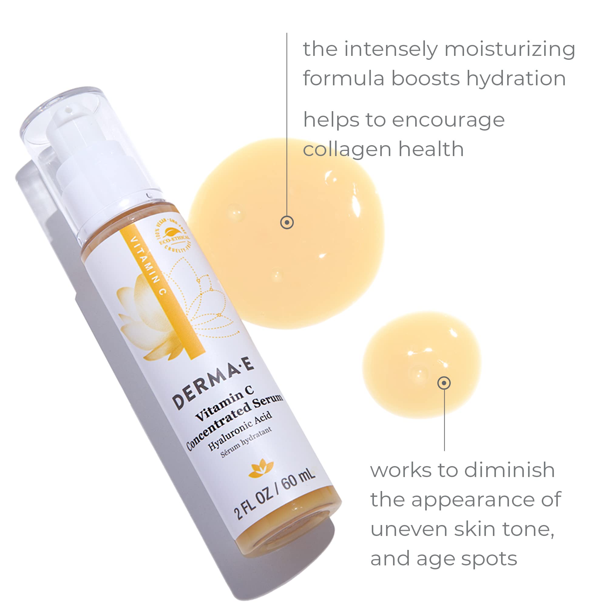 DERMA E Vitamin C Concentrated Serum with Hyaluronic Acid – All Natural, Antioxidant-Rich Concentrated Facial Serum – Firming and Brightening Skin Serum, 2oz