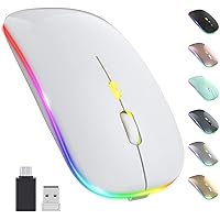 LED Wireless Mouse, Rechargeable Slim Silent Mouse 2.4G Portable Mobile Optical Office with USB & Type-c Receiver, 3 Adjustable DPI for Notebook, PC, Laptop, Computer, Desktop (Gloss White)