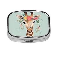 Giraffe with Floral Print Pill Box Square Pill Case 2 Compartment Small Metal Medicine Organizer Portable Travel Pillbox for Pocket Purse Cute Mini Pill Container to Hold Daily Vitamins