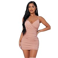 Dresses for women Surplice Neck Ruched Mesh Bodycon Dress (Color : Dusty Pink, Size : X-Small)