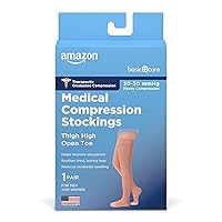 Amazon Basic Care Medical Compression Stockings, 20-30 mmHg Support, Women & Men Thigh Length Hose, Open Toe, Beige, Large (Previously NuVein)