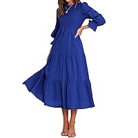 BTFBM Women Casual Long Sleeve Dress Fall Dresses 2024 Solid Color Relaxed Fit Smocked Tiered Flowy Boho Long Dresses