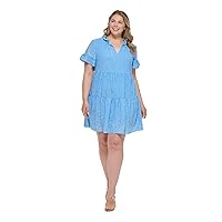 DKNY Womens Plus Printed Ruffled Babydoll Dress Blue 22W