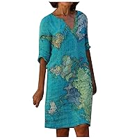 Womens Summer Dresses,T Shirt Dresses Loose Short Sleeve V Neck Tank Dress Midi Length Vintage Floral Print Beach Dress