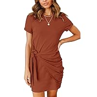 MEROKEETY Women's Short Sleeve Crew Neck T Shirt Dress Tie Waist Ruched Bodycon Mini Dress