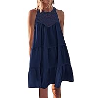 Summer Dresses for Women 2024,Sleeveless Lace Crew Neck Beach Dress A-line Swing Sundress Beach Vacation Mini Dress
