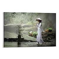 Scenery Poster Mural Canvas Art of Vietnamese Girl in Traditional Dress Carrying Basket Wall Art Paintings Canvas Wall Decor Home Decor Living Room Decor Aesthetic Prints 12x18inch(30x45cm) Frame-sty