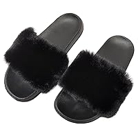 Faux Fur flat slide sandals for wonen,Furry Faux Rabbit fur Open Toe Slipper Soft Cozy Slip on Sandals and slippers