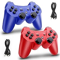 Wireless Controller for PS3 Controller, Remote Controller Wireless for Playstation 3 Controller, Double Shock, New Edition, Blue + Red, 2 Pack
