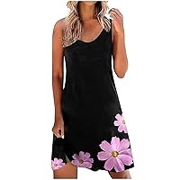 XJYIOEWT Casual Spring Dresses for Women 2024 Trendy, Women Beach Floral Printed Dress Round Neck Sleeveless Loose Casu