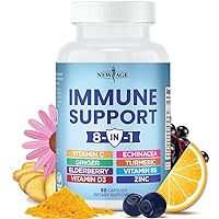 8 in 1 Immune Support Booster Supplement with Echinacea, Vitamin C and Zinc 50mg, Vitamin D 5000 IU, Turmeric Curcumin & Ginger, B6, Elderberry 60 Count (Pack of 1)