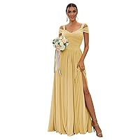Women's Off The Shoulder Bridesmaid Dresses for Wedding Chiffon Long Formal Evening Gown with Slit U008
