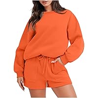 Women's Oversized 2 Piece Outfit Sweatshirt Shorts Set Trendy Fall Lounge Sets Long Sleeve Loose Cozy Sweatsuit