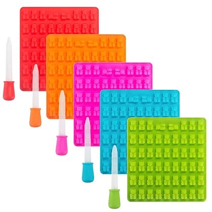 Bekith 5 Pack Gumdrop Jelly Molds, Chocolate Molds, Gummy Bear Candy Molds, 265 gummy bears total +5 Droppers