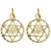 Star of David Earrings | 14K Yellow Gold Star of David with Menorah Lever Back Earrings - Made in USA