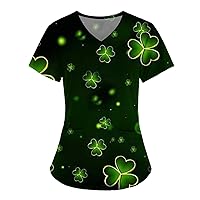 Womens Scrubs St. Patrick's Day Clover Printing Casual Short Sleeve V Neck Tunic Tops Working Uniform