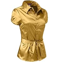 Womens Lightweight Short Cuff Sleeve Button Down Office Satin Silk Shirt with Belt (S-3XL)