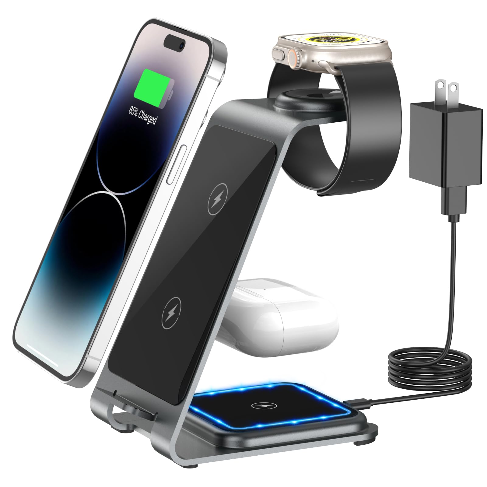 Wireless Charging Station, RR SPORTS 3 in 1 Wireless Charger, Aluminum Alloy Charging Dock for iPhone 14/13/12/11 Pro Max/X/Xs Max, iWatch Series 8/7/6/SE/5/4/3/2, AirPods Pro 2/Pro/3/2 (Grey)