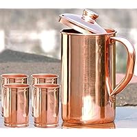 Handmade Pure Copper Plane Jug 2 Liter with Copper Glass 300 ML Indian Yoga Ayurveda for Good Health Benefits (1 jug & 4 glass, Brown)