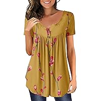 Womens Short Sleeve Tops 2024 Spring Casual Buttons Shirts Floral Print Trendy Loose Fit Blouses