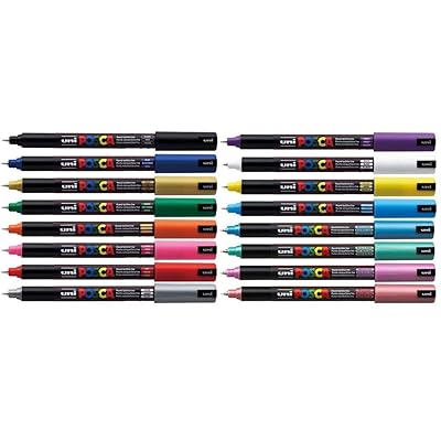  Posca Uni PC-1MR Assorted Colour Pack Paint Marker Pens Ultra  Fine 0.7mm Calibre Tip Nib Writes On Any Surface Glass Metal Wood Plastic  Fabric (1 of Each Colour - 16 Pens) 