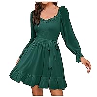 Women's Long Sleeve Dresses, Elegant U Neck Slim Flowy Swing Sexy Fashion Above The Knee Dresses for Cocktail Party Evening Wedding Beach Ball Gown Dinner Greens XL