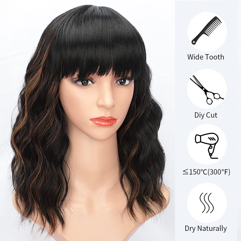 AISI HAIR Wavy Bob Wigs with Bangs for Women Black Mixed Brown Color Short Wavy Bob Curly Wig Synthetic Natural Looking Heat Resistant Fiber Hair for Women