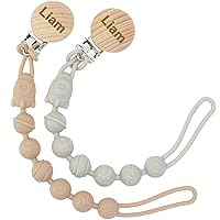 Munchewy Personalized Soother Clip with Name for Boys Girls (2 Pack, Grey+Brown)