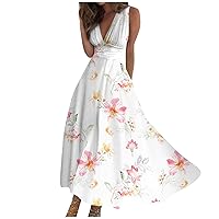 Maxi Dress Women's Trendy Sleeveless Casual V Neck Ladies Fashion Retraction Printed Loose Boho Outdoor Waist Long Dress