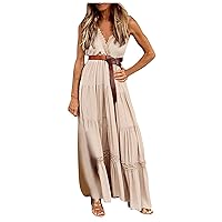 Dresses for Women 2023 Boho Lace Trim V Neck Tiered Smocked Long Maxi Dress Sleeveless Ruffle Swing Beach Sundress with Belt