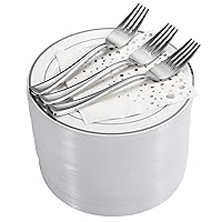 Stylish 7.5 Inch Silver Cake Plates with Disposable Forks and Cocktail Napkins (100 Set) - Small Appetizer Plates - Silver Plastic Dessert Plates - Plastic Cake Plates for Wedding Reception