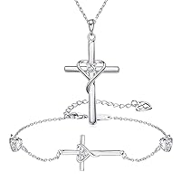 AmorAime 925 Sterling Silver Cross Necklace for Women Cross Braceles for Girls Christian Jewelry Gifts for Christmas,Anniversary or Birthday