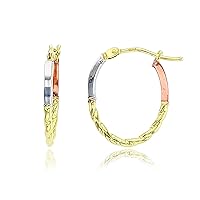 10K Tricolor Gold 18.5x1.3mm Diamond Cut Oval Hoop Earrings