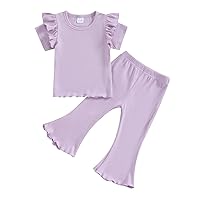 Baby Girl Clothes Summer Solid Knit Ruffle Short Sleeve T-Shirt Tee & Flare Pants Set Toddler Bell-bottoms Outfit